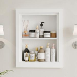 Solid Wood 14 X 18 Recessed Medicine Cabinet,2-Tier, Medicine Cabinet Organizer,Wall Niche, Bathroom Wall Cabinet, recessed bathroom Cabinet,Recessed Wall Cabinet, Bathroom Cabinet With Storage, White, Classic 2-Tier