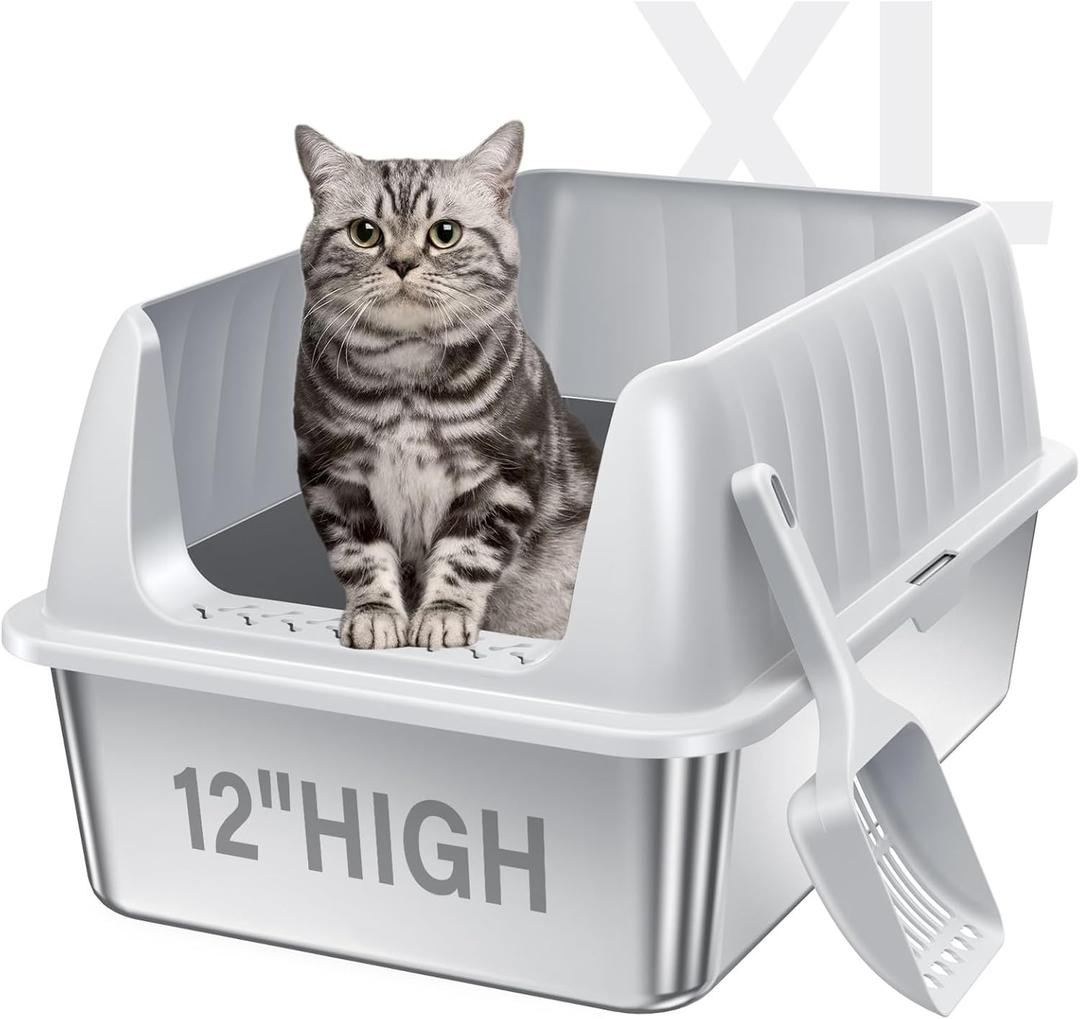 Cat Litter Box Stainless Steel XL with Lid, Enclosed Metal Extra Large Litter Box Pan High Sided with Scoop for Big Cats, Non-Sticky, Anti-Urine Leakage, Easy Cleaning (23.6"x16"x12", Light Grey)