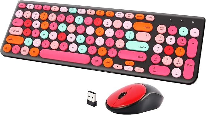 Wireless Keyboard and Mouse Combo, Retro Typewriter Keyboard with Round Keycaps, 2.4GHz USB Cute Wireless Keyboard Mouse for Computer, Desktop, Laptop and Computer (BlackColorful)