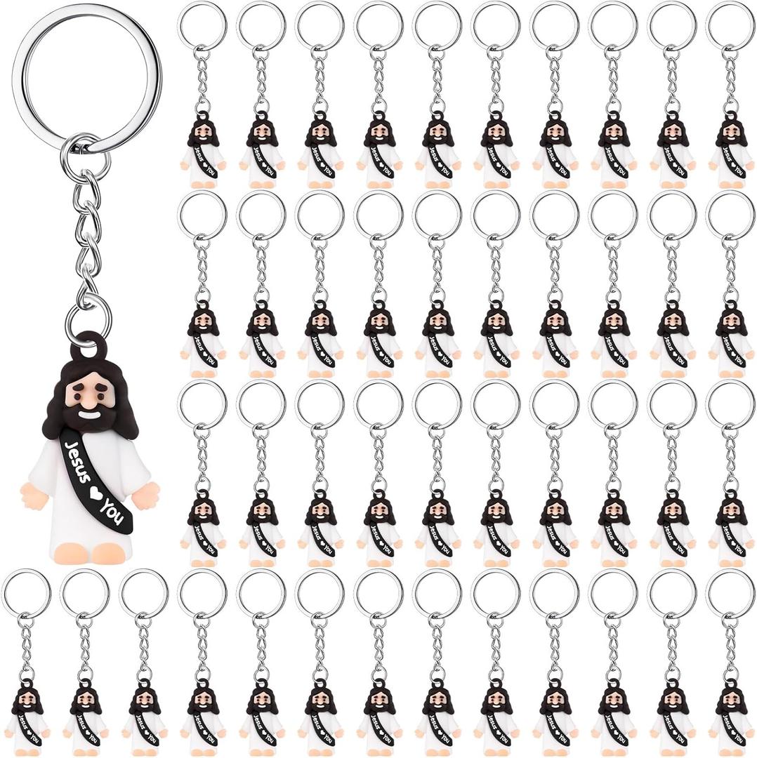 Sumind 48 Pcs Jesus Toys Figurine Christian Keychain Religious Keychain Bulk Classic Christian Rings for Christ (Black,White Jesus Loves You)