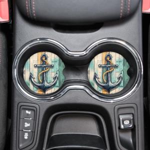 Wood Board Nautical Anchor Car Coasters for Cup Holders Absorbent Ceramic Coaster 2 Pack Non Slip Cork Base Cup Mats with Finger Notch Car Accessories 2.56 in