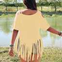 Women's Plus Size Cold Shoulder Fringe Tassel Cowgirl Graphic Short Sleeve Hippie Western T Shirt (XXL)
