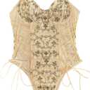 Lilosy Women Sexy Lace Up Floral Embroidered Teddy Lingerie Bodysuit Top Mesh Sheer One Piece (Size Small, Beige)