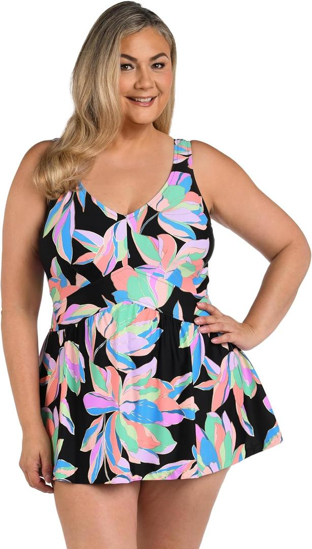 Maxine of Hollywood Womens V-Neck Swim Dress One Piece Swimsuit (16 Plus, Multi//Glowing Lotus)