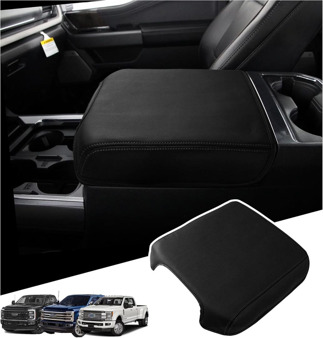 Center Console Armrest Cover Compatible with 2023, 2024-2025 Ford F250 F350 F450 F550 Interior Accessories, PU Leather Armrest Cover Protector with Bucket Seat Only (Black Line)