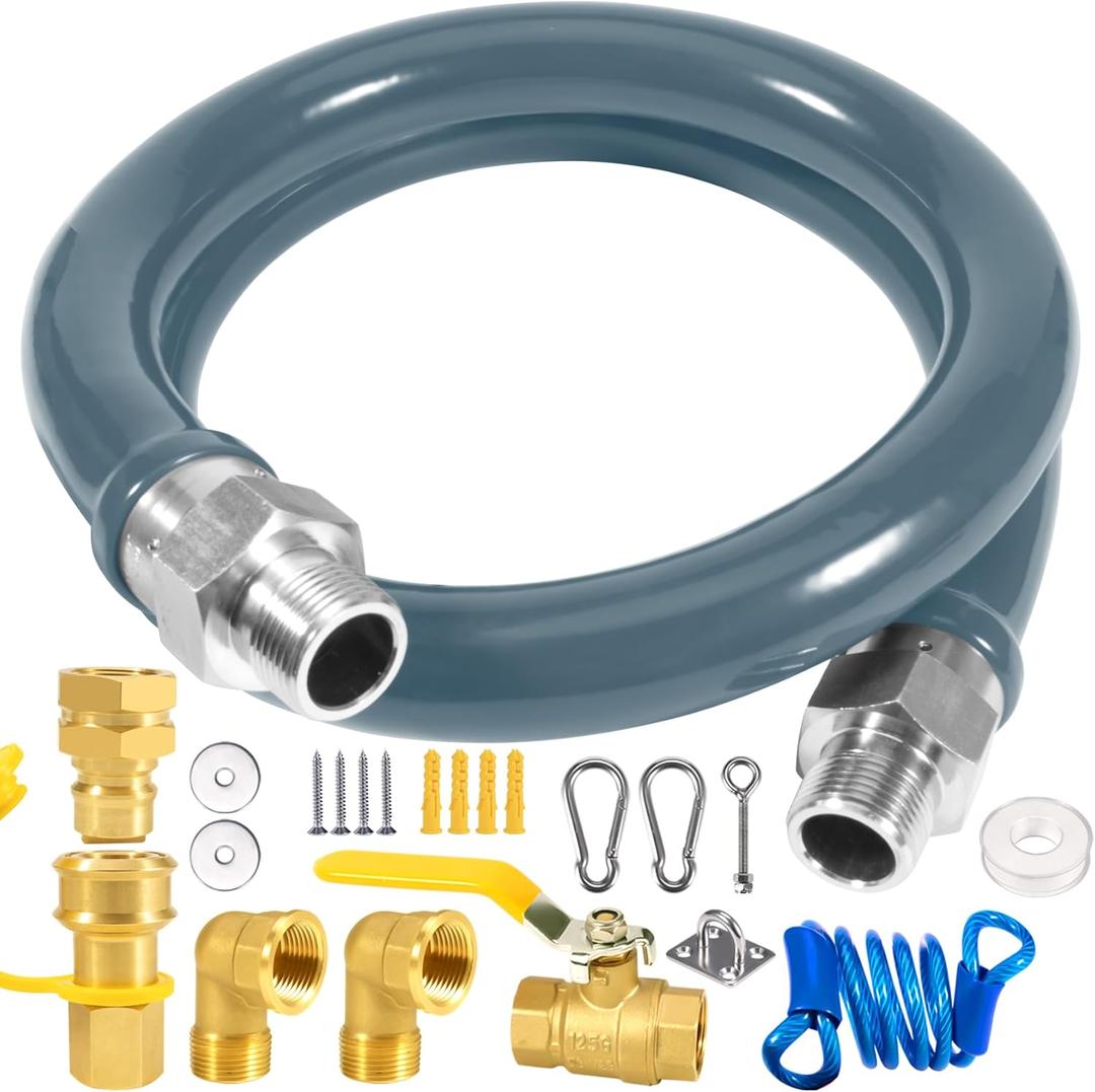 1675KIT48 Safety System Kit, 48 inch Commercial Gas Hose Connector Kit, Flexible Blue Gas Hose Kit,Gas Line Hose with 3/4" Quick Disconnect,Restraining Devices for Commercial Kitchen Equipment (Gray)