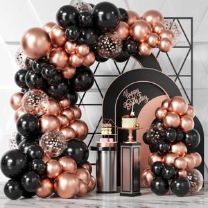 Bezente Rose Gold Black Balloons Garland Kit, 100Pcs Metallic Chrome Rose Gold Black and Rose Gold Confetti Balloons Arch for Wedding, Birthday, Graduation, Baby Shower Party Decoration