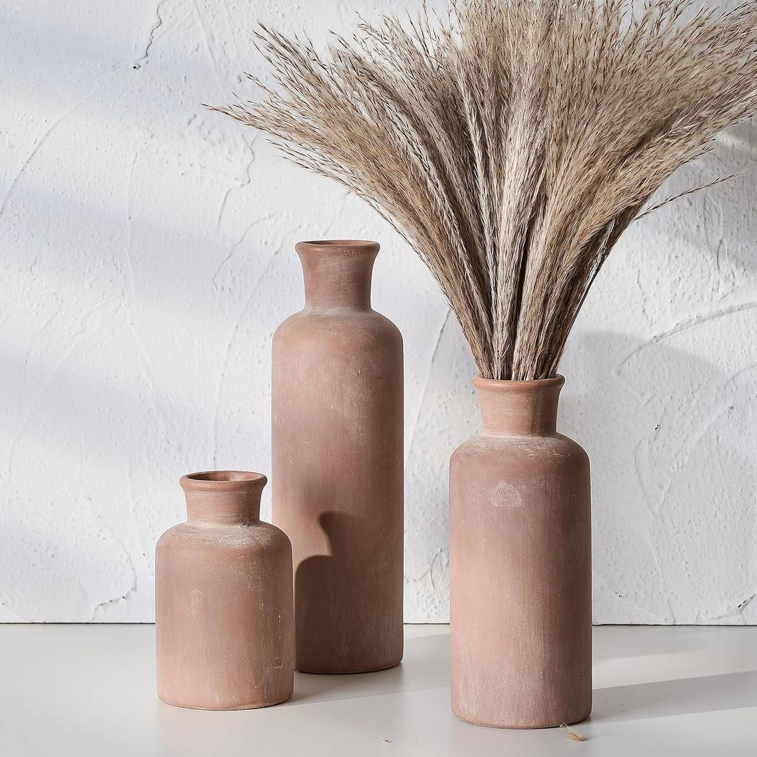 LUKA Ceramic Rustic Farmhouse Vase,Terracotta Vases for Decor,Vase Set of 3,Vases for Your Bedroom,Office,Living Room,Fireplace,Bookshelf Decor,Housewarming 10+7.5+5 Inch