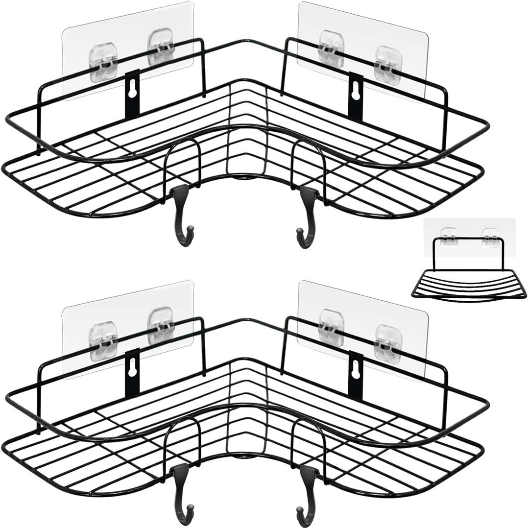 ADORAMOUR Corner Shower Caddy Set -2 Pack Bathroom Organizer with Soap Dish, Adhesive Storage Rack for Toiletries, Shower Shelf Drill-Free or Drilling Install Options Shampoo Holder, Black