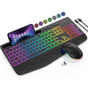 Wireless Keyboard and Mouse Combo - 9 Backlit Effects, RGB, Ergo Wrist Rest, Phone Holder, 2.4G Full Size, Rechargeable, Sleep Mode, KM22 MAX Quiet Set for Computer, PC, Laptop, Mac, Windows- SABLUTE (Classic Black)
