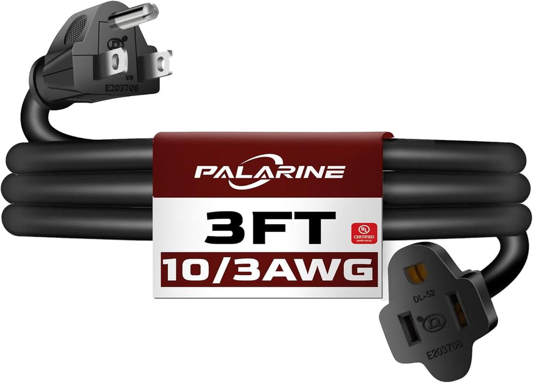 3ft Black Extension Cord Waterproof, UL Listed, 10/3 SJTW Heavy Duty 3 Prong, 10 Gauge 15A Power Cord Ideal for Lights, Appliances, and Lawn