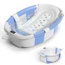 Collapsible Baby Bathtub for Newborn to Toddler 0-36 Months,Spacious Foldable Infant Bath Tub with Thermometer,Cushion & Drain Hole,Portable Travel Tub, Baby Shower Gift Blue
