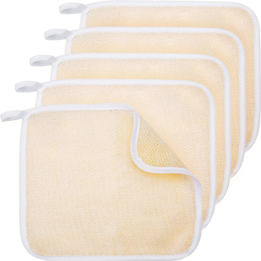 Tatuo 5 Pcs Exfoliating Face and Body Wash Cloths Towel Weave Bath Exfoliating Scrub Massage Bath Cloth for Women and Men, 10.23 x 8.66 Inch(Beige Edge)
