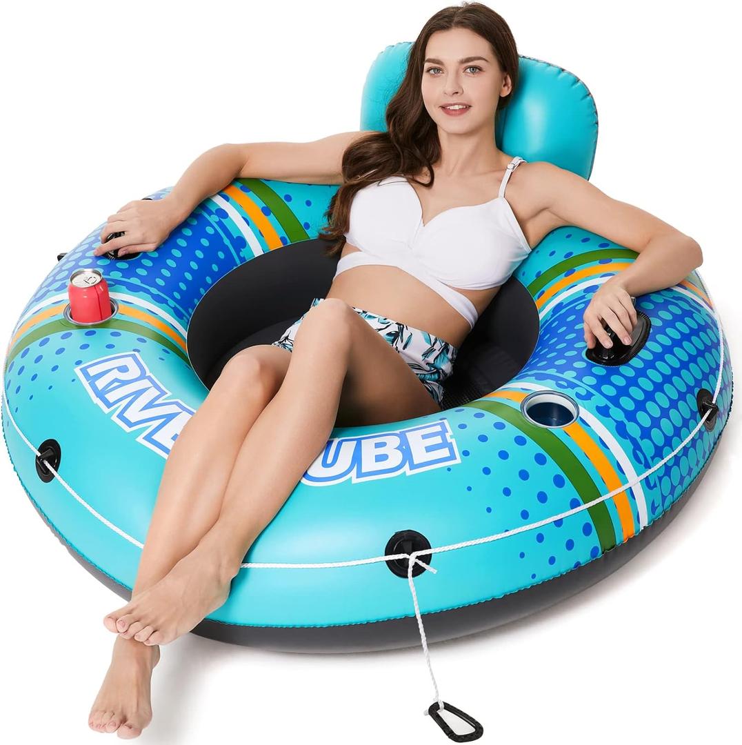 Jasonwell Inflatable River Tube Float - Heavy Duty River Float Pool Floats Lake Premium Water Tubes for Floating Recreational River Raft Lounge Floaties with 2 Cup Holders for Adult (X-Large, Cyan)