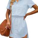 luvamia Women Casual Denim Dress Short Sleeve Tie Waist Classic Jean Shirt Dress (Medium, Mist Blue)