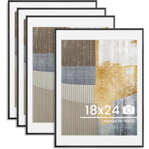18x24 inch Metal Poster Frame - 18 x 24 Thin Aluminum Picture Frames Matted for 16x20 Photos, Artworks, Prints, Puzzle - High Definition Plexiglass - Vertical and Horizontal Display - Wall Hook Hanging Hardware Included - Black, Set of 4