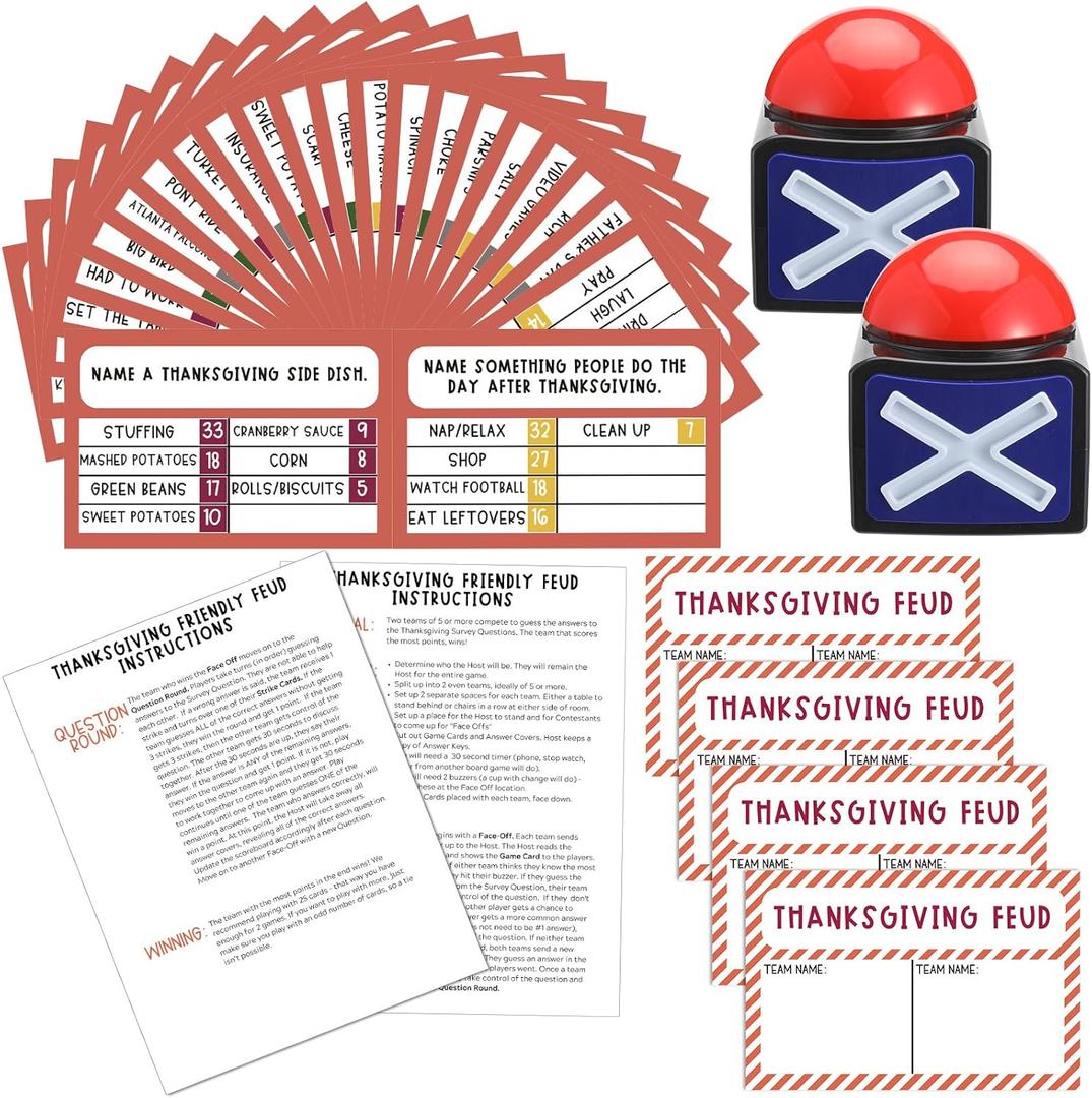 Syhood Thanksgiving Friendly Feud Card Game with 2 Answer Buzzers, Friendsgiving Trivia Quiz Game for Family, Party Night Activities for Adults, Office, Large Group and Team Building