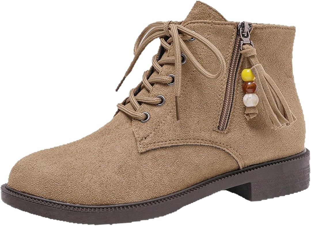Women's Suede Side Zipper Ankle Boots with beads Casual Round Toe Low Block heel Lace-Up Walking Booties for Work Daily Party Dating, Size 43