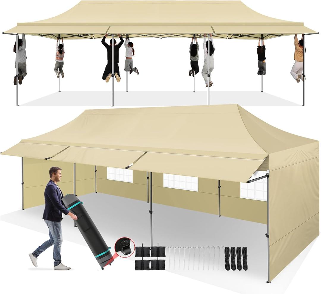 COBIZI 10x30 Pop Up Canopy Tent with Awning,Heavy Duty Canopy UPF 50+ All Season Wind Waterproof Commercial Outdoor Street Vendors Party Tents for Parties Canopy with Roller Bag(10 x 30 ft Khaki)