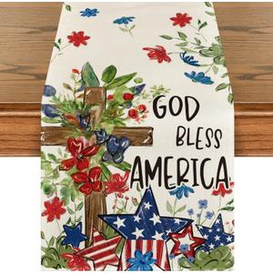 Artoid Mode Cross Star Floral Patriotic 4th of July Table Runner, Memorial Day Kitchen Dining Table Decoration for Home Party Decor 13x108 Inch