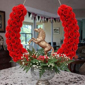 Retrowavy 13.8 Inch Derby Horse Racing Door Decoration Rose Horseshoe Derby Wooden Wall Sign Front Hanging Door Wreath Red Rose Floral Horseshoe Wall Decoration for Horse Racing Event Party