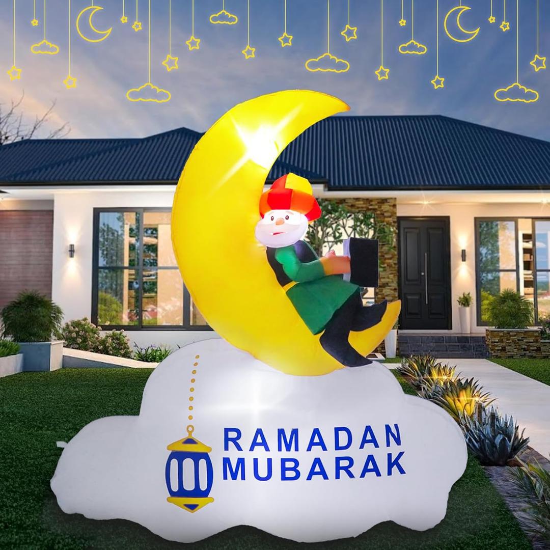Dawdix 5FT Inflatable Ramadan Decorations, Blow Up Ramadan Crescent Moon with LED Lights, Muslim Islamic Eid Mubarak Inflatables Decor for Outdoor Holiday Party, Yard, Garden