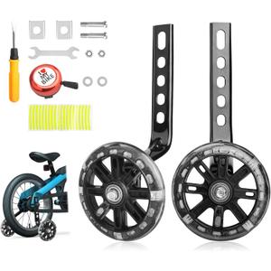 Trainer Wheels for Bicycle, Flash Mute Wheel, Heavy Duty Adjustable Bike Stabilizer for Kids with Bell and Reflective Sticker for 12 14 16 18 20 inch Single Speed Bike, Metal and Rubber, Black