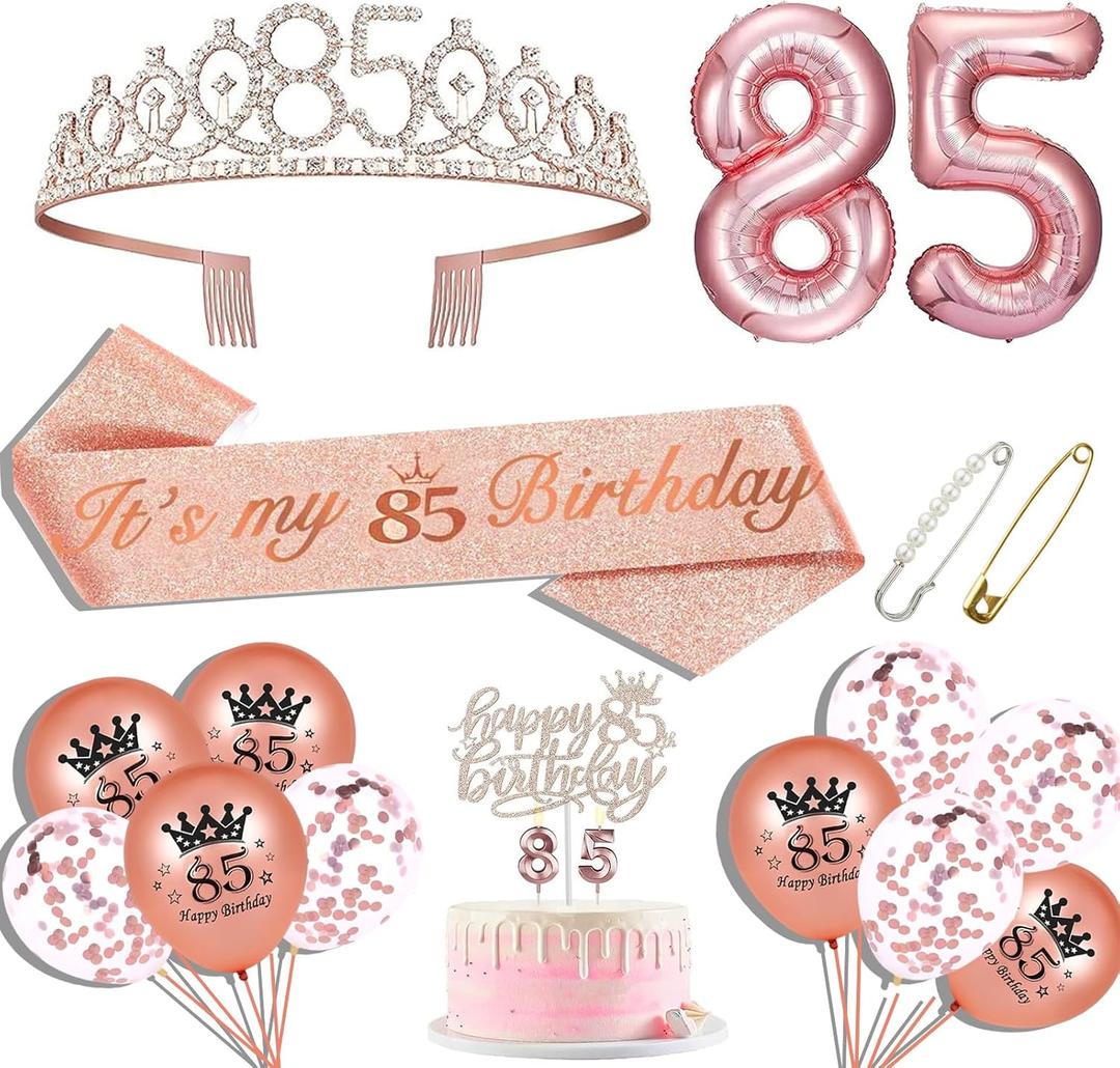 Hysilla 85th Birthday Sash and Tiara for Women - Rose Gold Set With Sash, Crown, Cake Topper, Balloons, Pin and Candle