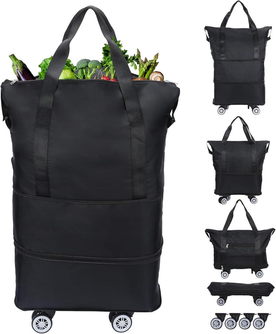 Reusable Grocery Bag on Wheels Shopping Bag with Wheels, Detachable Roller Tote Bag, Luggage Bag, used for Shopping, Camping, Traveling, Giving Gifts to Friends, Large Capacity, Black