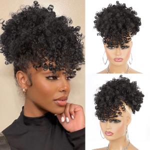Afro Puff Drawstring Ponytail with Bangs Drawstring Ponytail for Women Kinky Curly Hair Clip in Bangs Short Ponytail Hair Extensions Updo Hairpieces (2#)