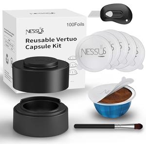 Nessus Reusable Kit for Nespresso Pods Vertuo, Reuse Old Coffee Pods for Nespresso Vertuo: 100 Pcs Aluminum Foil Seal Lid, Holder, Brush, Refillable Vertuo Plus Next Capsule Machine(No Pods Come)