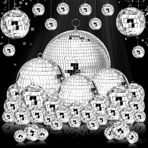Hoolerry 65 Pcs Disco Balls Reflective Hanging Disco Ball Decorations Assorted Silver Ball for 70s Wedding Dance Music Ballroom Hall Props Club Stage Backdrop Props(12/6/ 4/3.2/2/ 1.2 in)