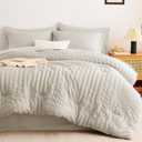 CozyLux Queen Comforter Set Beige Seersucker 7 Pieces Bed in a Bag Queen Comforter Set with Sheets, Luxury Soft Bedding Set with Down Alternative Comforter, Sheets, Pillowcases & Shams for All Seasons
