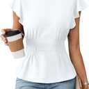 Blooming Jelly Women's Dressy Casual Blouses Business Ruffle Short Sleeve Tops Summer Crew Neck Smocked Shirts (White), S