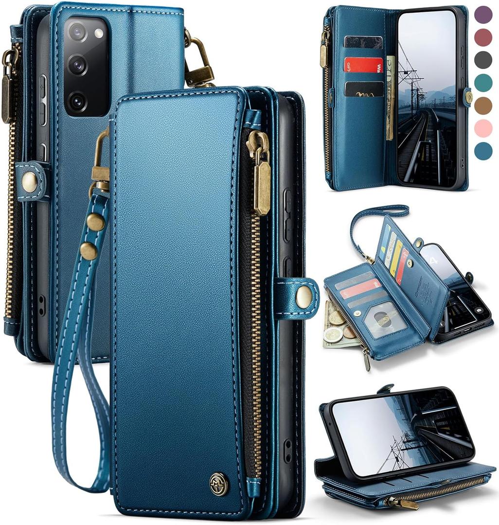 Defencase Samsung Galaxy S20 FE 5G Case, RFID Blocking Wallet for Women & Men, Zipper Magnetic Flip PU Leather, 10 Card Slots, Cash, Coins, ID, Credit Cards, Wireless Charging, Kickstand, Dark Blue