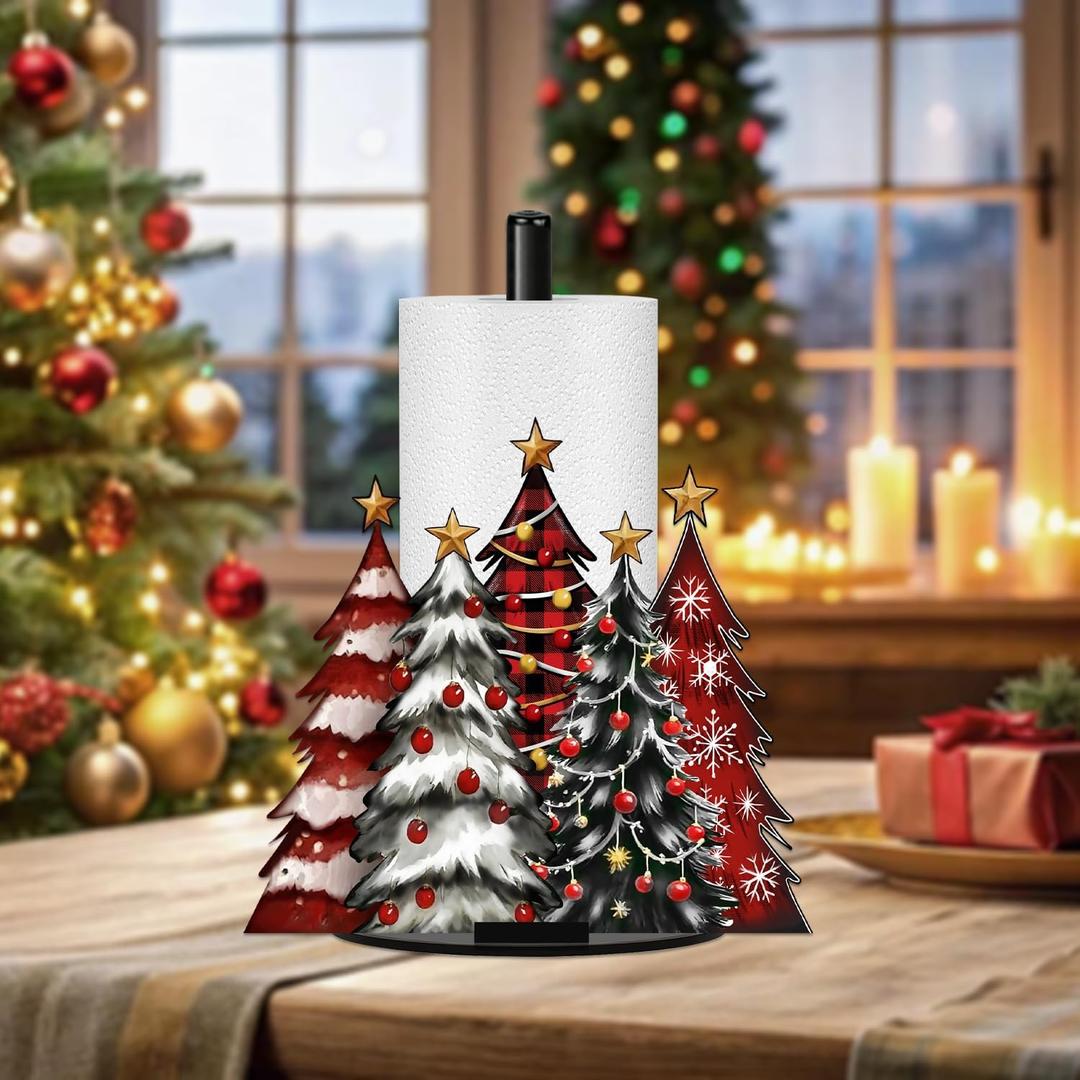 Christmas Tree Paper Towel Holder, Xmas Decor Towels Paper Holder for Kitchen Countertop, Christmas Party Decoration Paper Stand Dispenser Holders Red Trees Steady Roll Holder for Winter Holiday (One Size)
