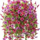 INQCMY Artificial Hanging Flowers with Basket for Spring Outdoor Decoration 3 Bunches of Silk Daisy Flower Uv Resistant for Garden Porch Patio Balcony Yard Decor (Purple Red)