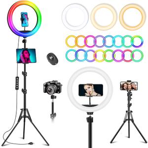 12.3" Ring Light with Stand & Phone Holder Tall 75", 51 Color Modes Circle Lights Selfie Ringlight with Tablet Holder, 12 Dimming Levels Christmas LED Halo Light Tripod for iPhone Video Recording/Vlog