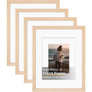 KINLINK 11x14 Picture Frame White Oak, Solid Light Wood Frames with Acrylic Plexiglass for Pictures 5x7/8x10 with Mat or 11x14 without Mat, Tabletop and Wall Display, Set of 4