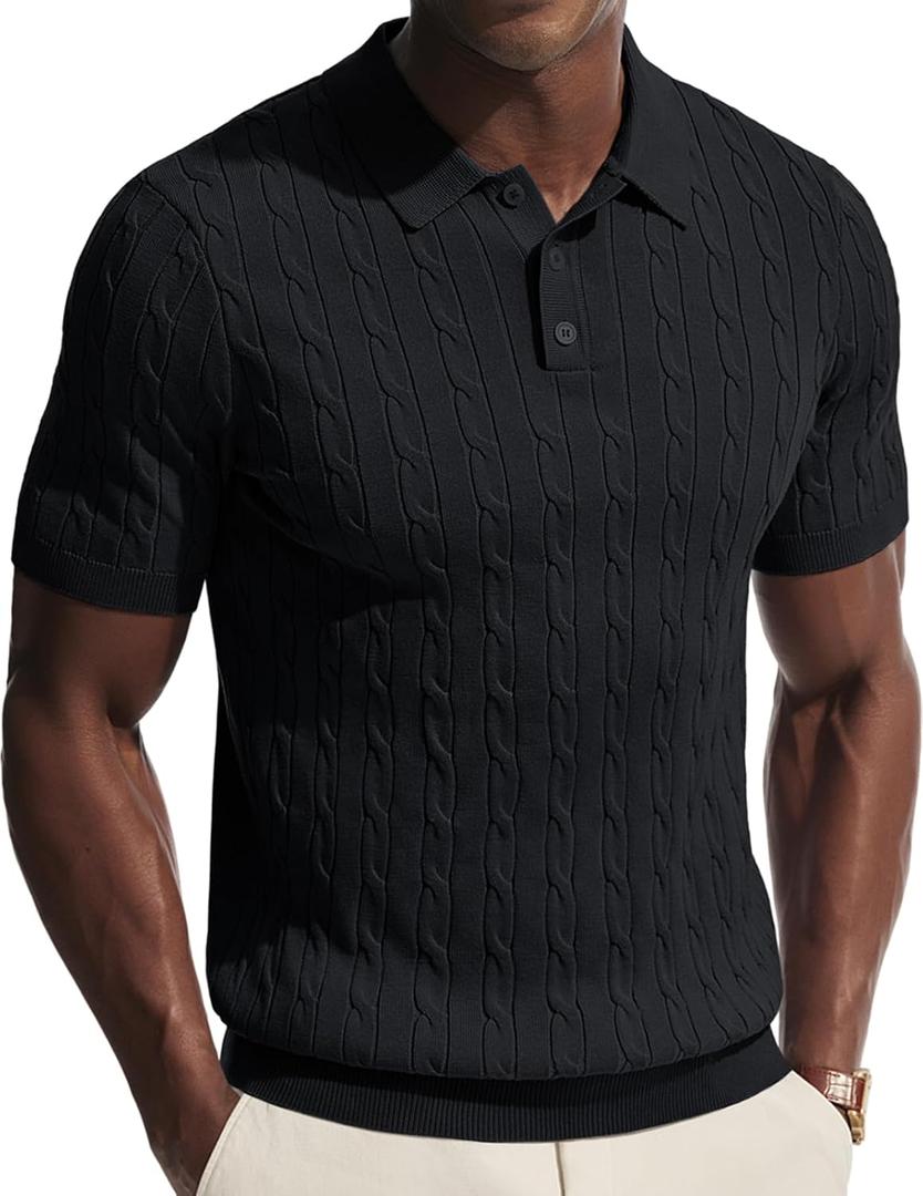 PJ PAUL JONES Men's Polo Shirts Short Sleeve Textured Cable Knit Shirts Casual Stretchy Golf Polo Stylish Old Money Tops Medium