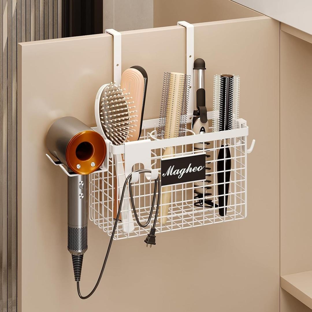 Hair Dryer Holder Cabinet Door 3-in-1 Adhesive Hair Tool Organizer Wall Mounted Adjustable Height Blow Dryer Holder Under Sink Bathroom Hair Appliance Organizer and Storage Countertop (White)