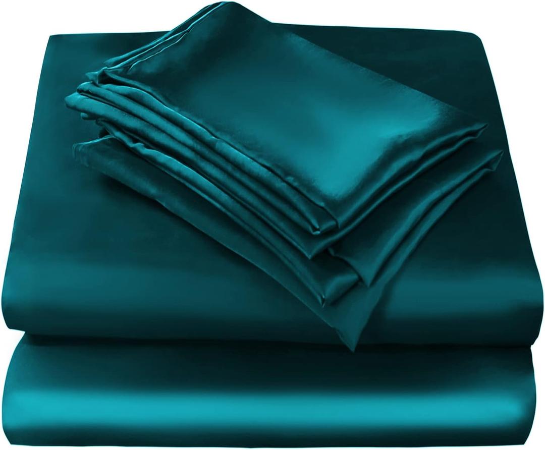 JSD Teal Blue Satin Sheet Set Full Size, 4 Piece Silky Bed Sheets Extra Deep Pocket, Good for Hair and Skin