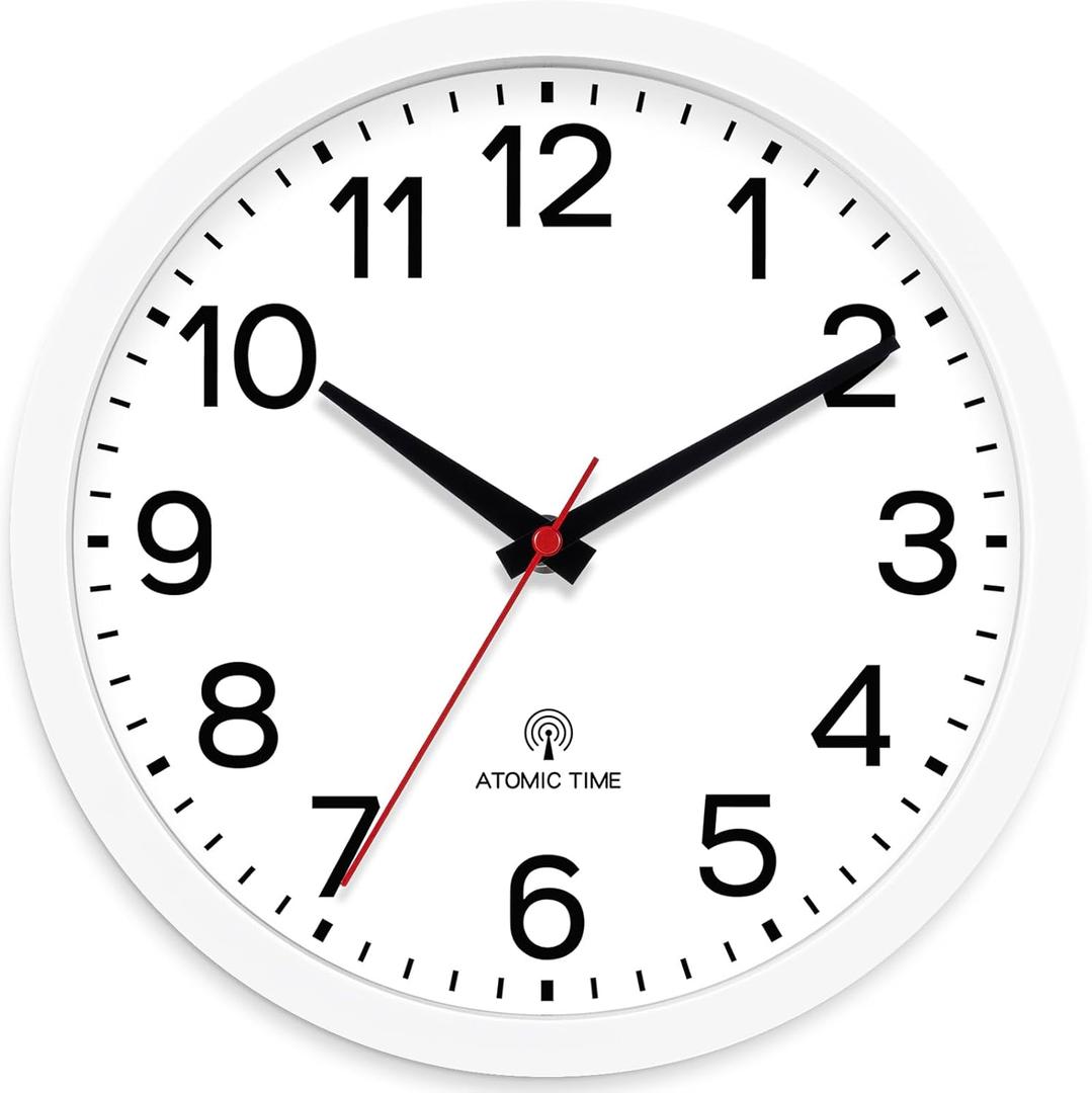 AKCISOT Atomic 10 Inch Wall Clock, Analog Indoor Battery Operated Clock for Kitchen Bedroom Office Classroom Living Room (White)