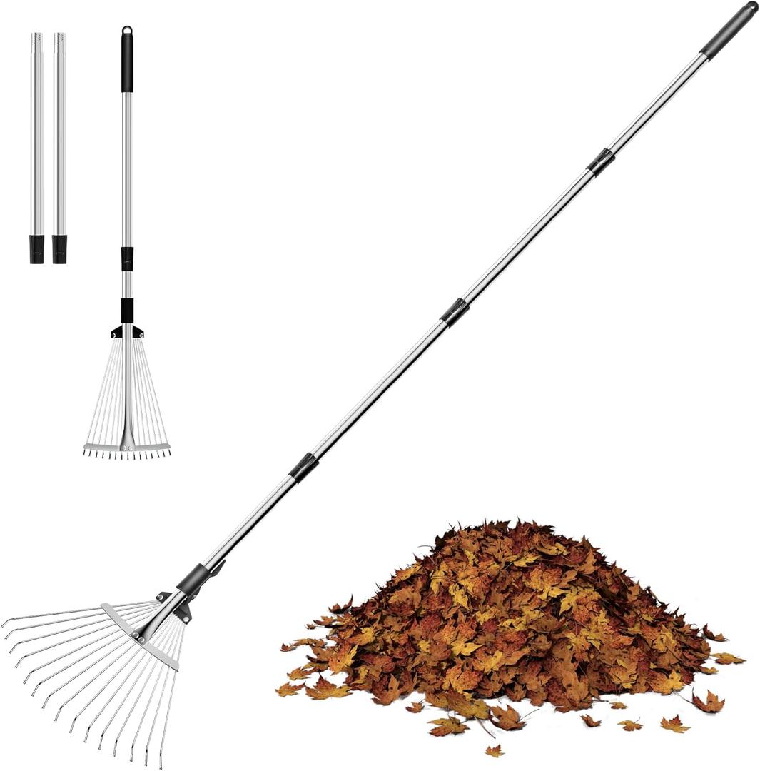 Garden Rake for Leaves, Heavy Duty Metal Adjustable Leaf Rake for Lawns, Length 37"-68", Adjustable Expandable Head 8"-15", Garden Tools for Lawn Garden Yard Flowers Beds Bush