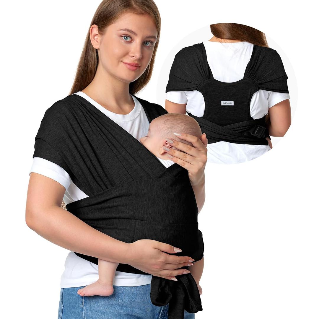 Momcozy Baby Wrap Carrier Skin-Friendly Fabric, Easy to Wear Baby Carrier Sling T-Shirt Design, Hands Free Baby Carriers Newborn to Toddler 8-35lbs, Adjustable Buckle Suit for Waist 27-47inch, Black (Regular)