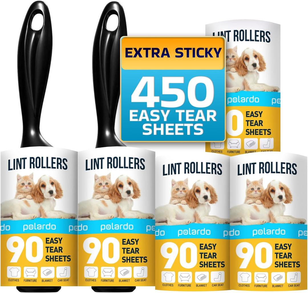 Lint Rollers for Pet Hair, Sticky, Remover for Couch, Clothes Furniture and Carpet. Dog Hair Remover Cat Hair, Animal Fur, Fuzz. 5 Large Lint Rollers (5 pcs - 450 Sticky Sheets)