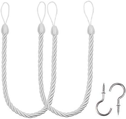 BEL AVENIR Curtain Ropes Tiebacks Tie-Backs, Curtain Handmade Holdbacks with 2 Metal Screw Hooks - White 2 Pack