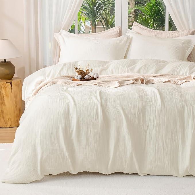 PHF Muslin Duvet Cover King Size, Cotton Blend Viscose Derived from Bamboo for Summer, 3-Layer Soft & Breathable Textured Gauze, Skin-Friendly Minimalist Comforter Cover Set, 104"x90", White
