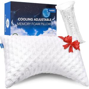 Cooling Side Sleeper Pillow for Neck and Shoulder Pain, Luxury Shredded Memory Foam Curved Bed Pillows for Sleeping Set of 1- Adjustable Queen Size- Washable Cover,  Crescent White