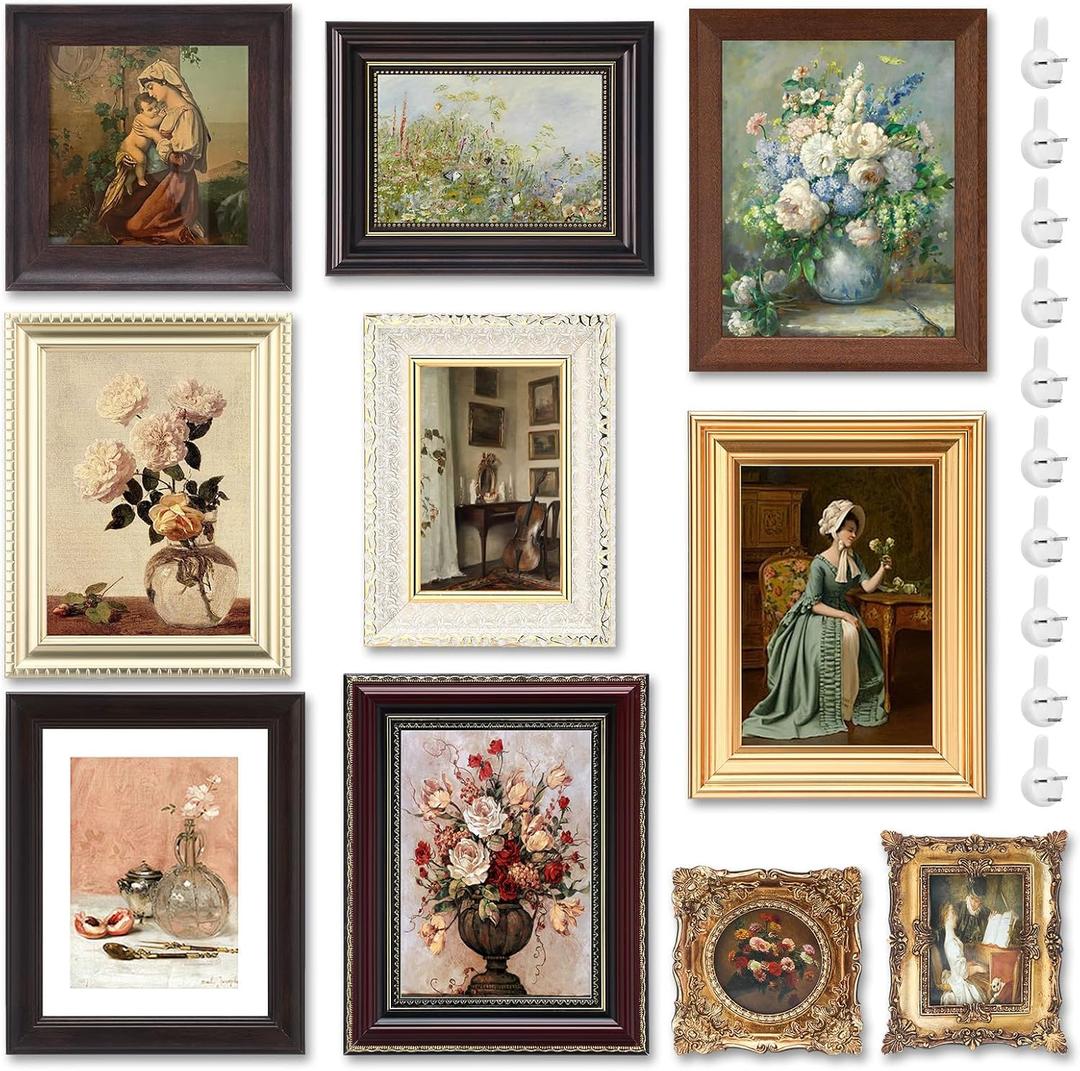 Qunclay 10 Pack Vintage Picture Frames for Wall or Tabletop Display Ornate French Country Gallery Frames Farmhouse Antique Wall Decor for Bedroom Living Room, No Photos Included(Simple Style)